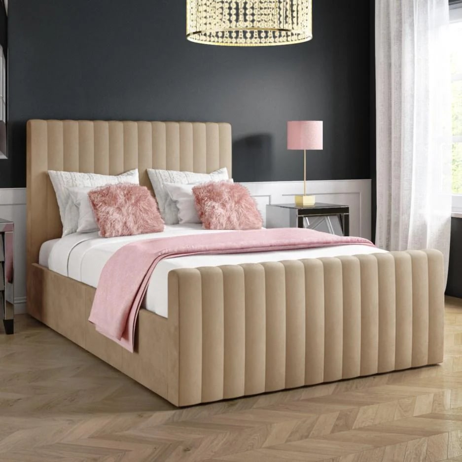 سرير خشب كونتر و قماش قطيفة بيج كود bed5017 _