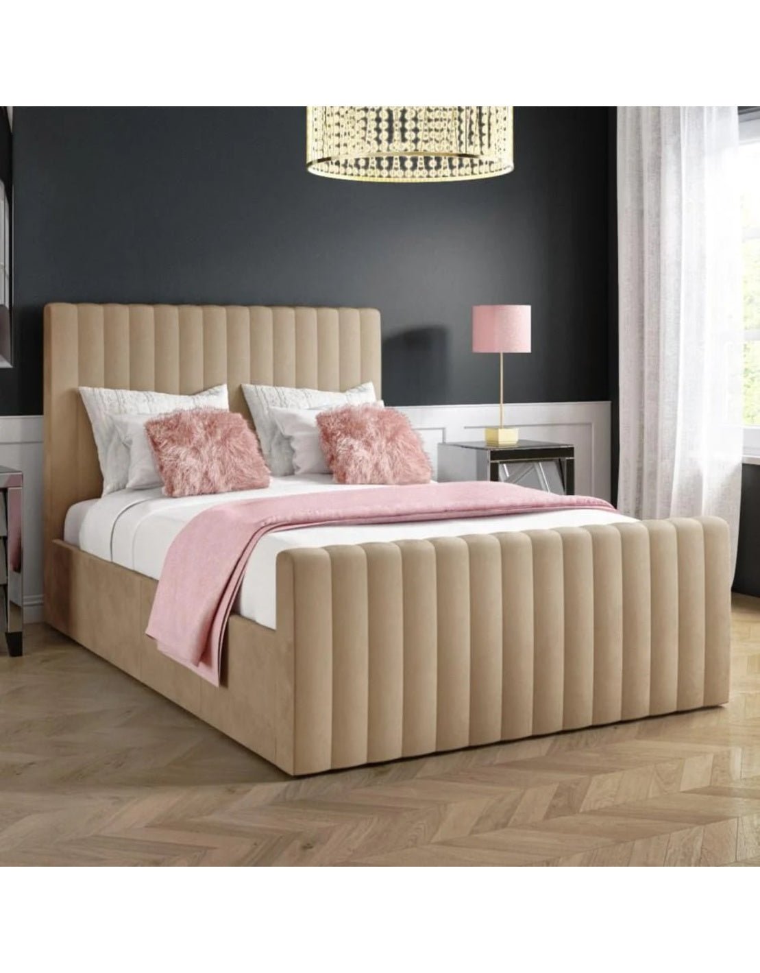سرير خشب كونتر و قماش قطيفة بيج كود bed5017 _