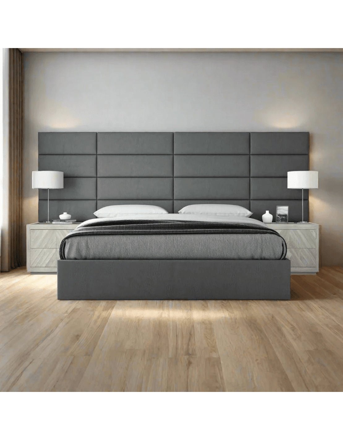 سرير خشب كونتر و قماش قطيفة رمادي غامق كود bed5028
