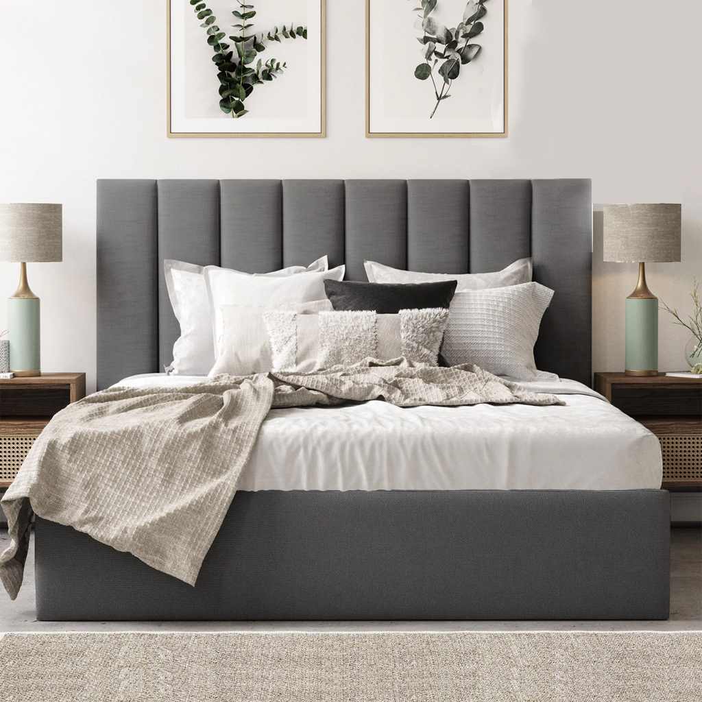 سرير كوين خشب ام دي اف و قماش قطيفة رمادي كود bed5020 _