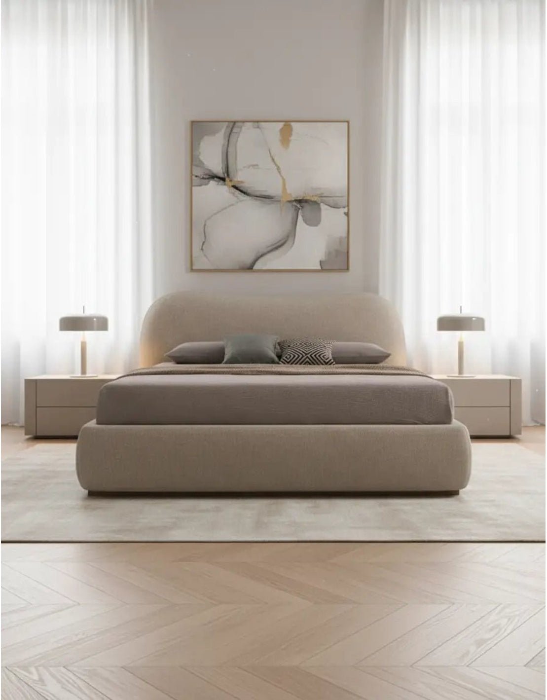 سرير كينج خشب ام دي اف و قماش قطيفة- بيج كود bed5004 _