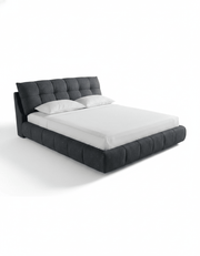 Red oak king bed with gray tufted upholstery, code bed5039 _