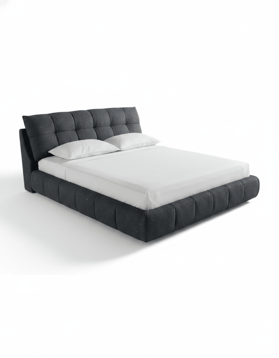 Red oak king bed with gray tufted upholstery, code bed5039 _