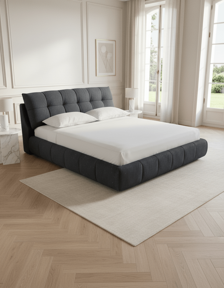 Red oak king bed with gray tufted upholstery, code bed5039 _