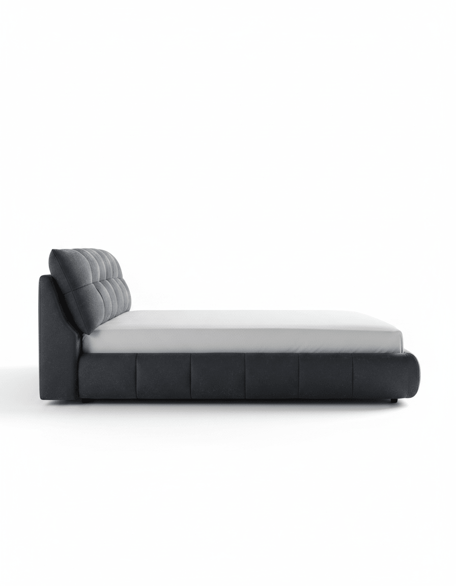 Red oak king bed with gray tufted upholstery, code bed5039 _