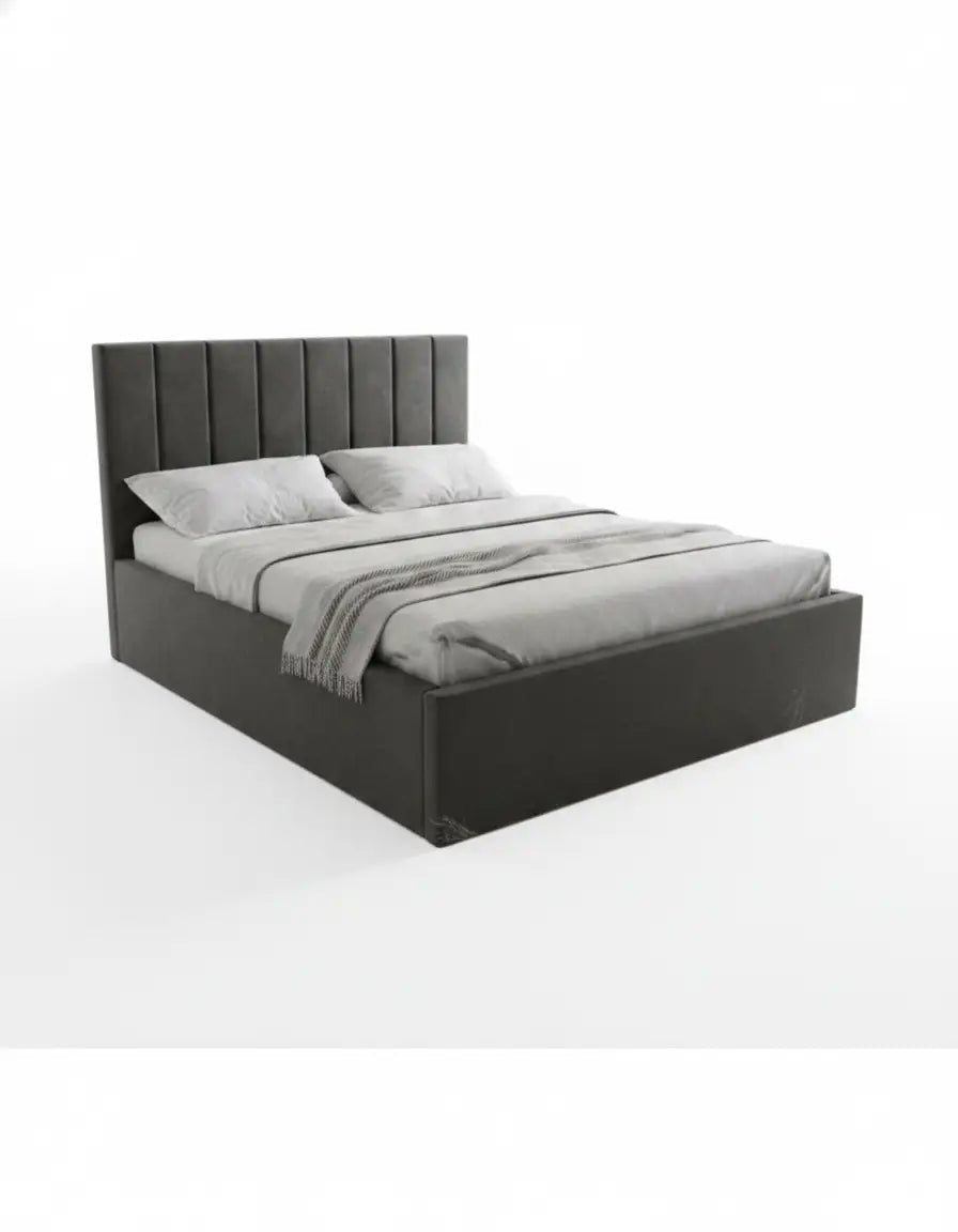 Red oak king size bed made of red oak wood and gray velvet, code bed5033