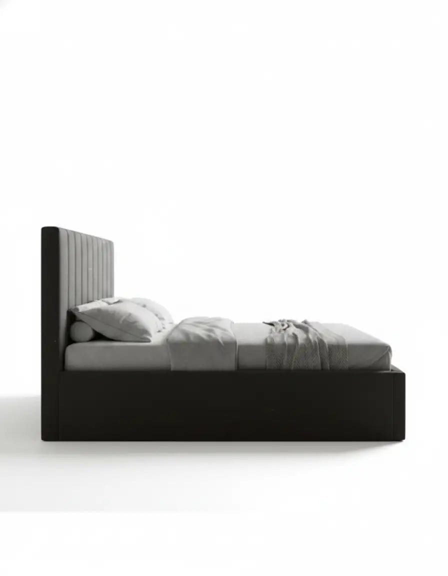 Red oak king size bed made of red oak wood and gray velvet, code bed5033