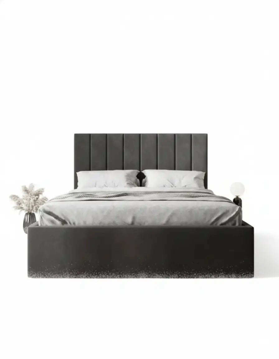 Red oak king size bed made of red oak wood and gray velvet, code bed5033