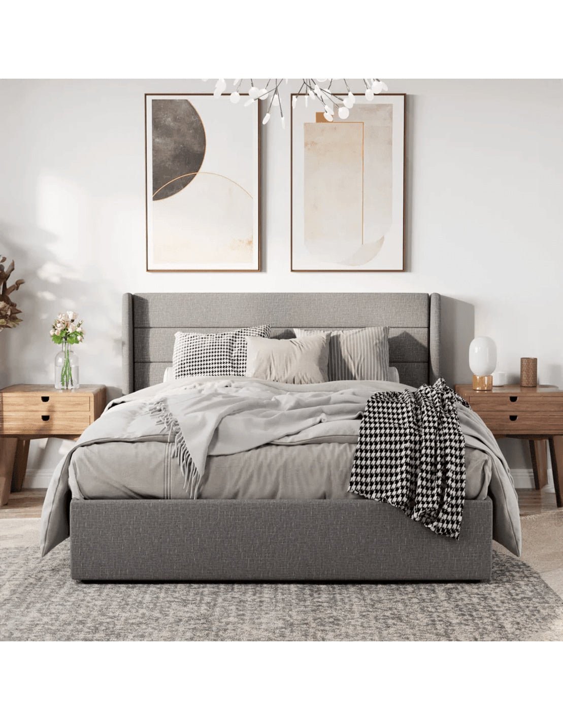 سرير كينج خشب زان احمر و قطيفة رمادي كود bed5037 _