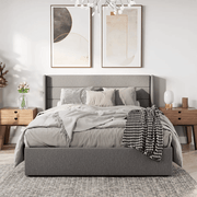 King size red oak and gray velvet bed, code bed5037 _