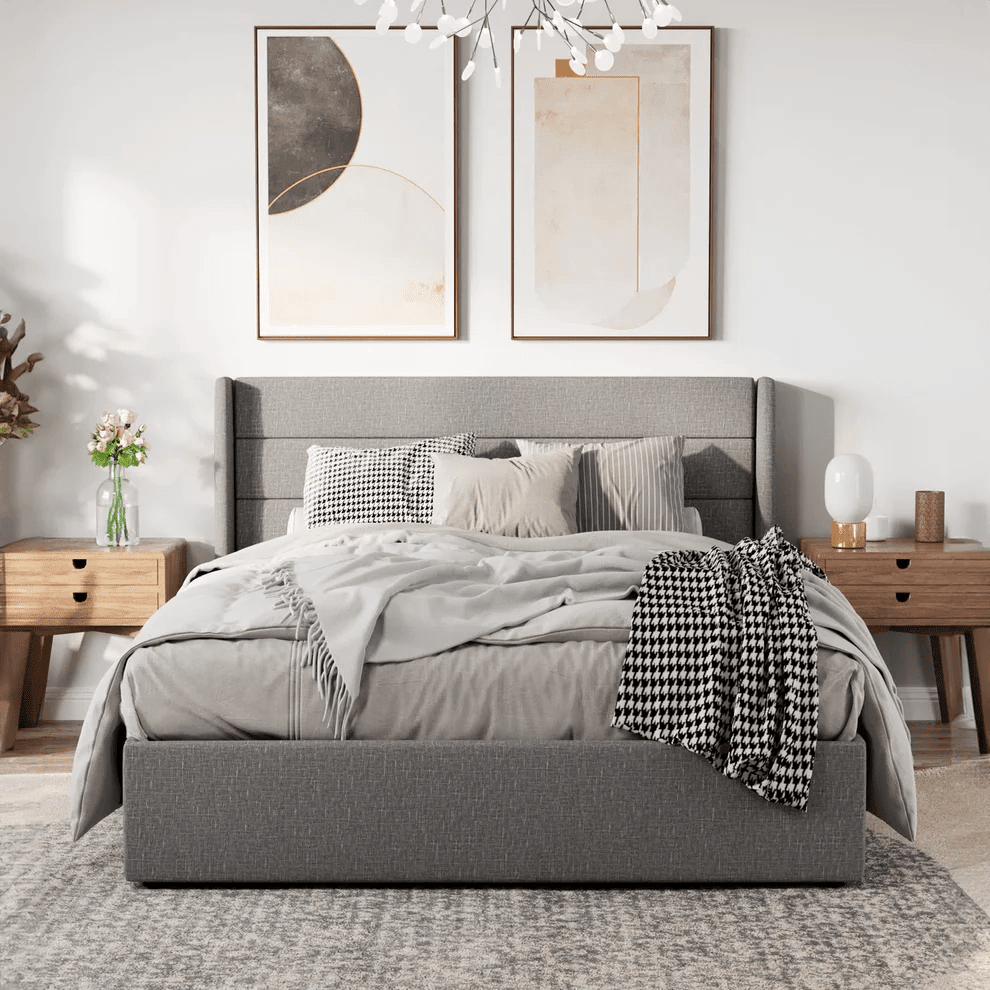 سرير كينج خشب زان احمر و قطيفة رمادي كود bed5037 _