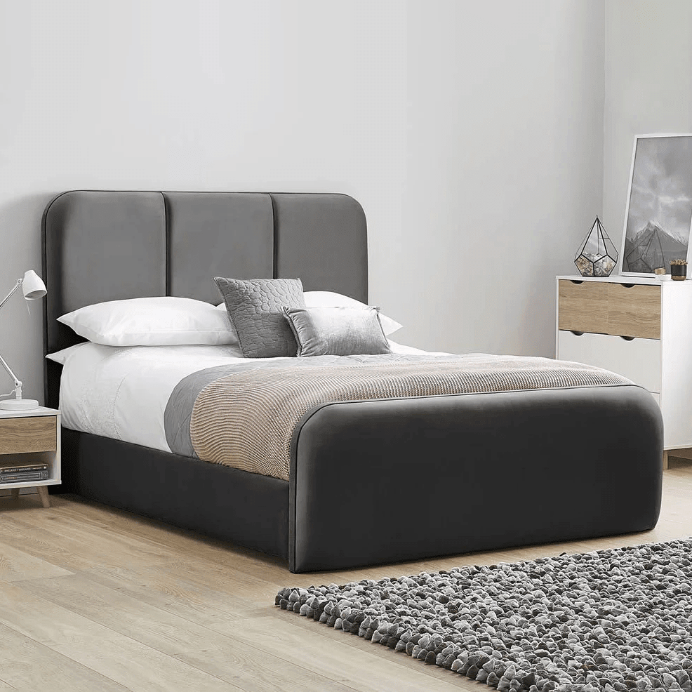 King-size striped red beech wood bed and gray velvet, code bed5044 _