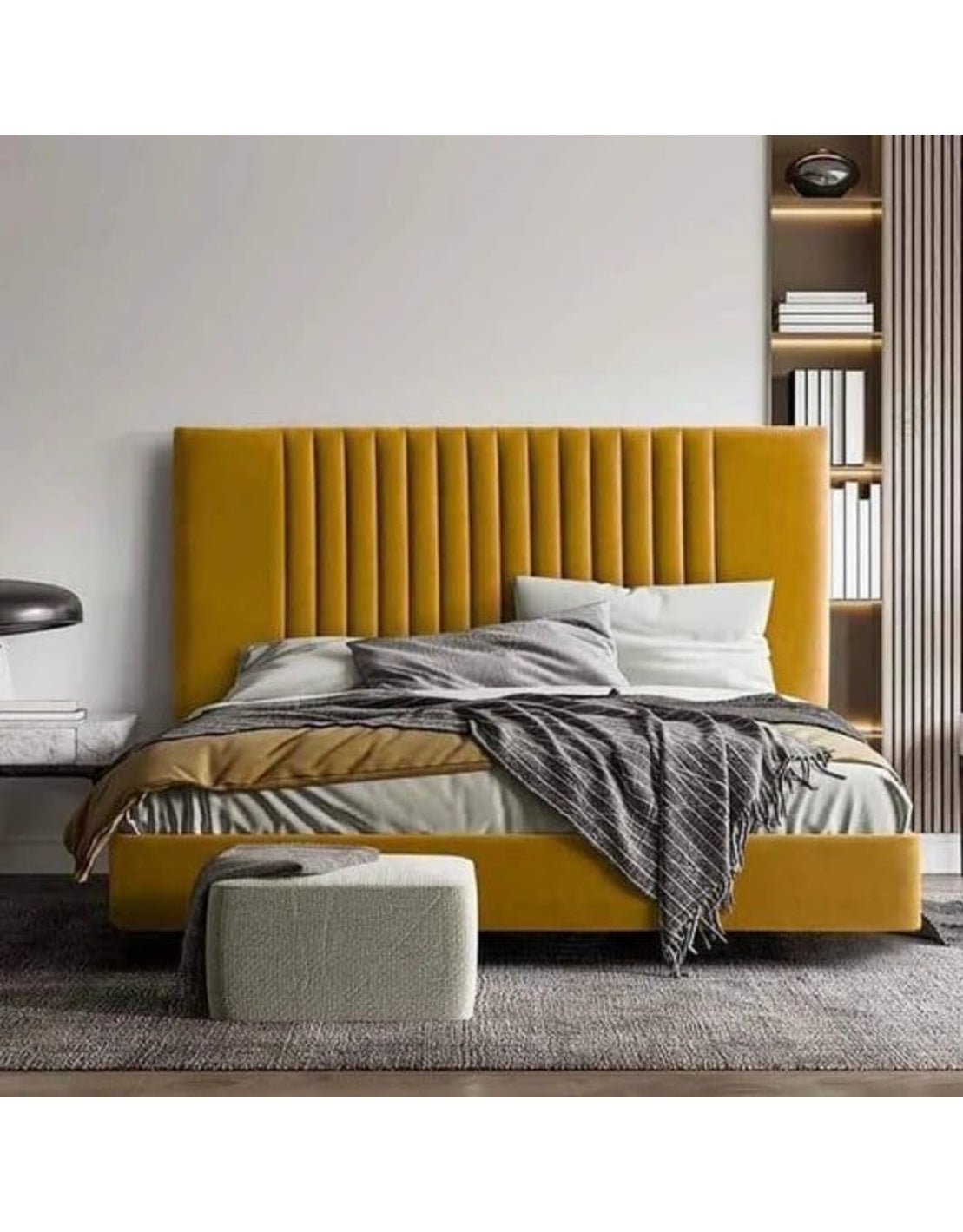 سرير سوبر خشب كونتر و قماش قطيفة أصفر كود bed5009 _