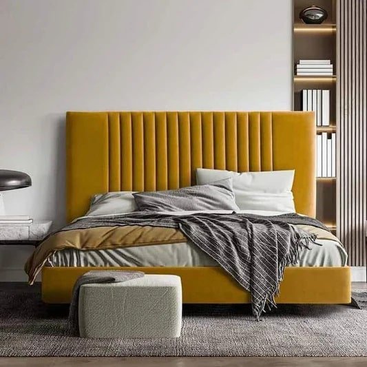 سرير سوبر خشب كونتر و قماش قطيفة أصفر كود bed5009 _