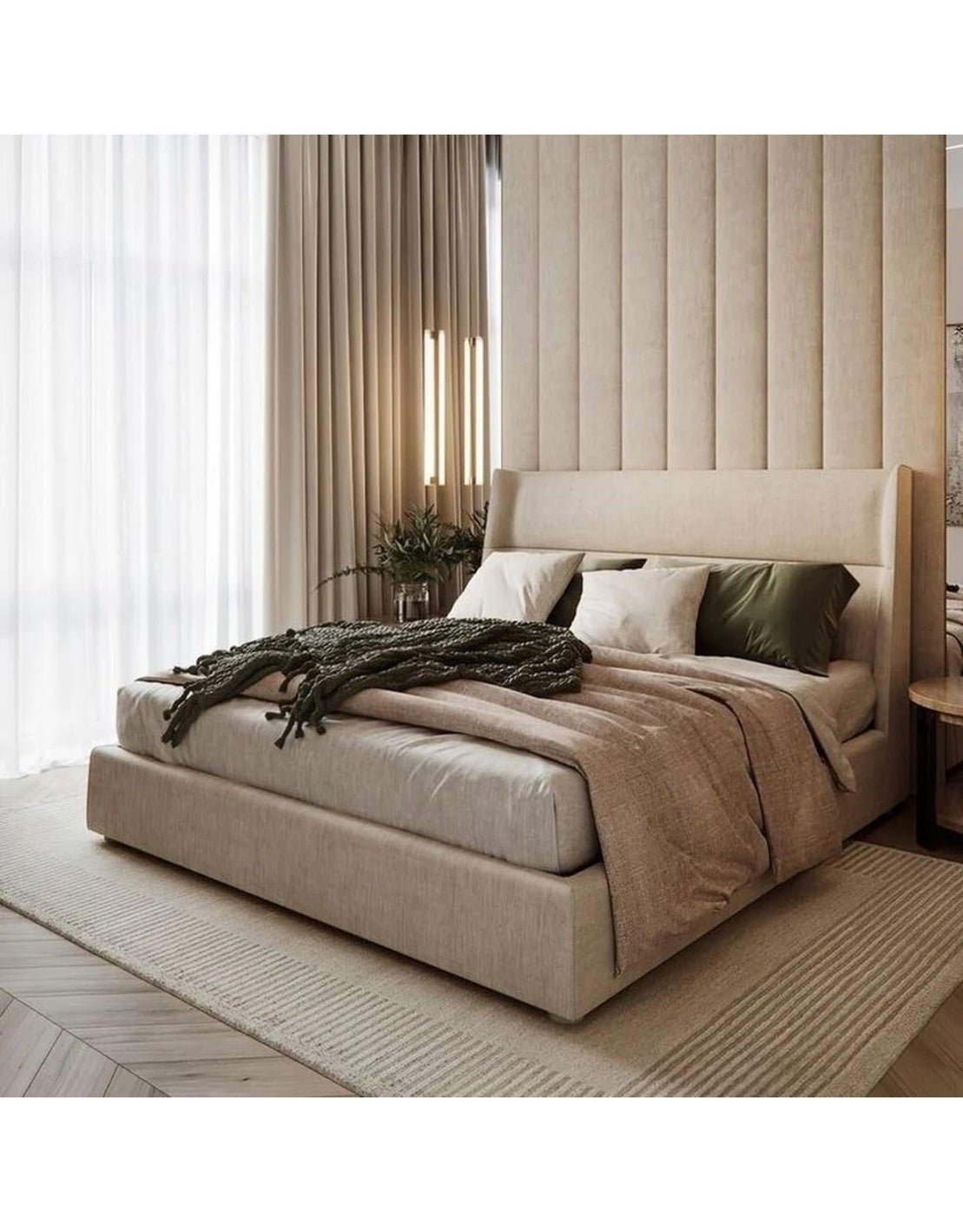 سرير سوبر خشب كونتر و قماش قطيفة بيج كود bed5011 _