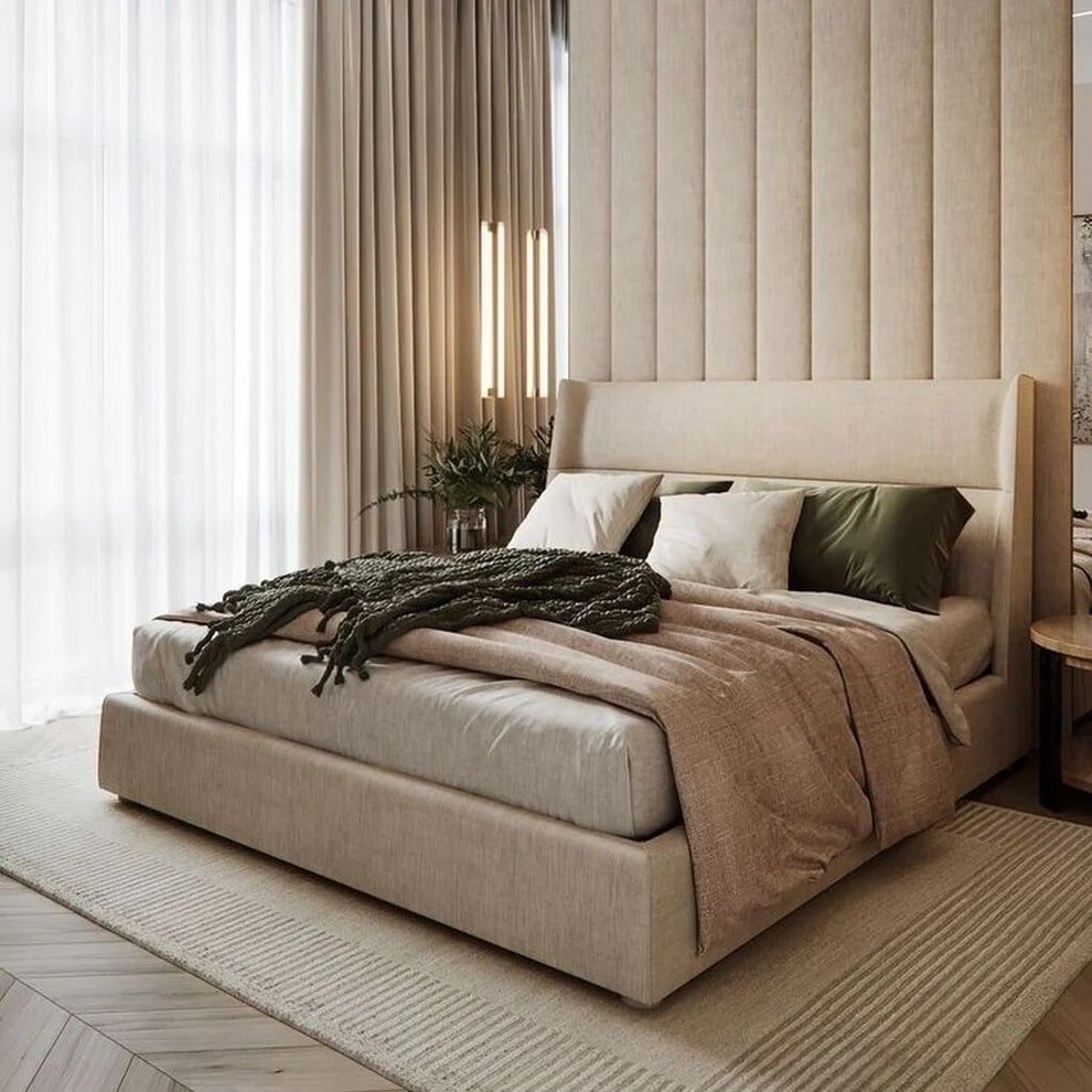 سرير سوبر خشب كونتر و قماش قطيفة بيج كود bed5011 _