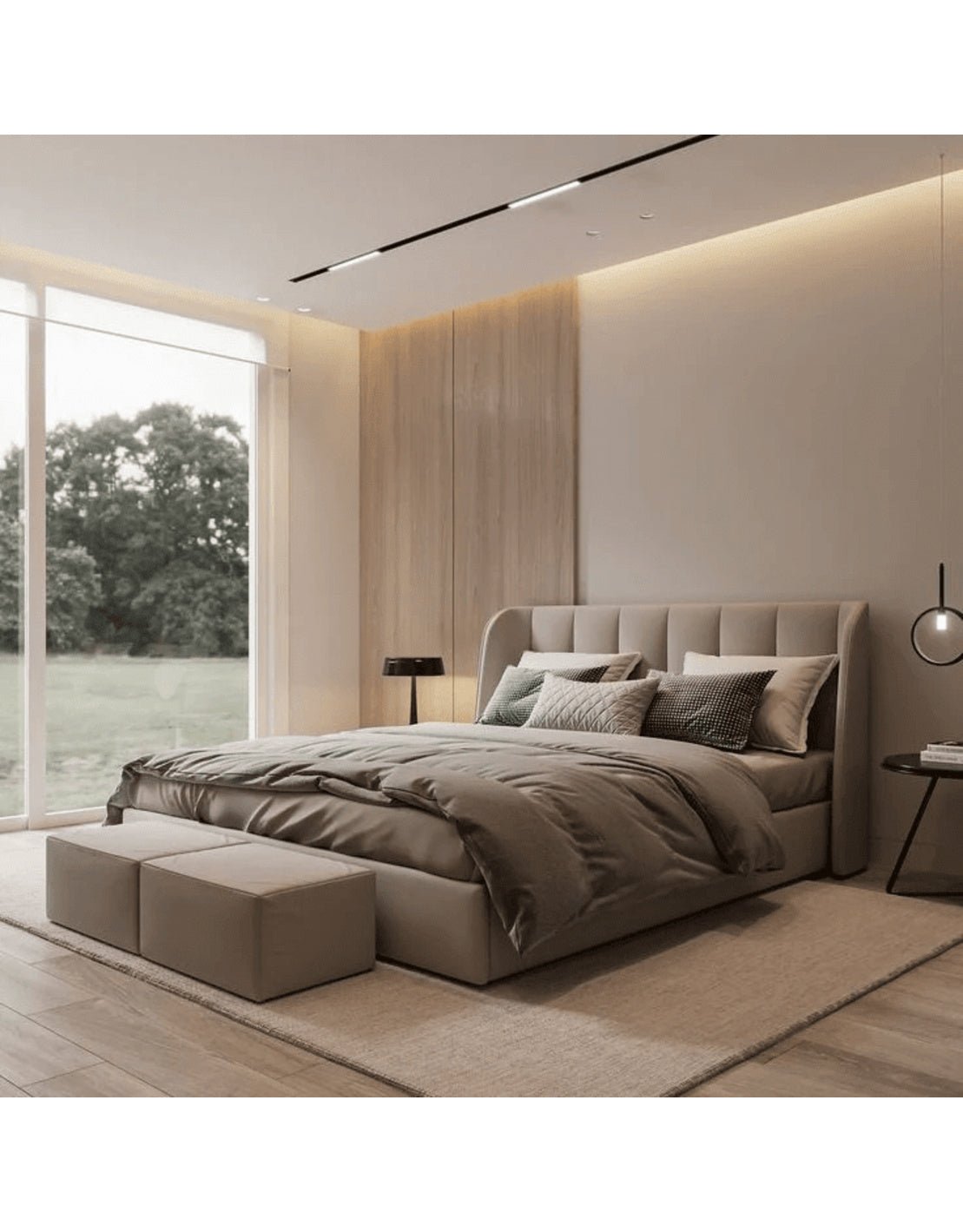 سرير سوبر خشب كونتر و قماش قطيفة مضلع بيج كود bed5022 _