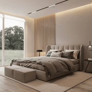 Super king wooden bed, beige striped velvet fabric, code bed5022 _