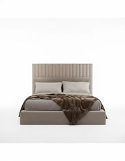 Super King bed, red oak wood and beige velvet, code bed5023 _