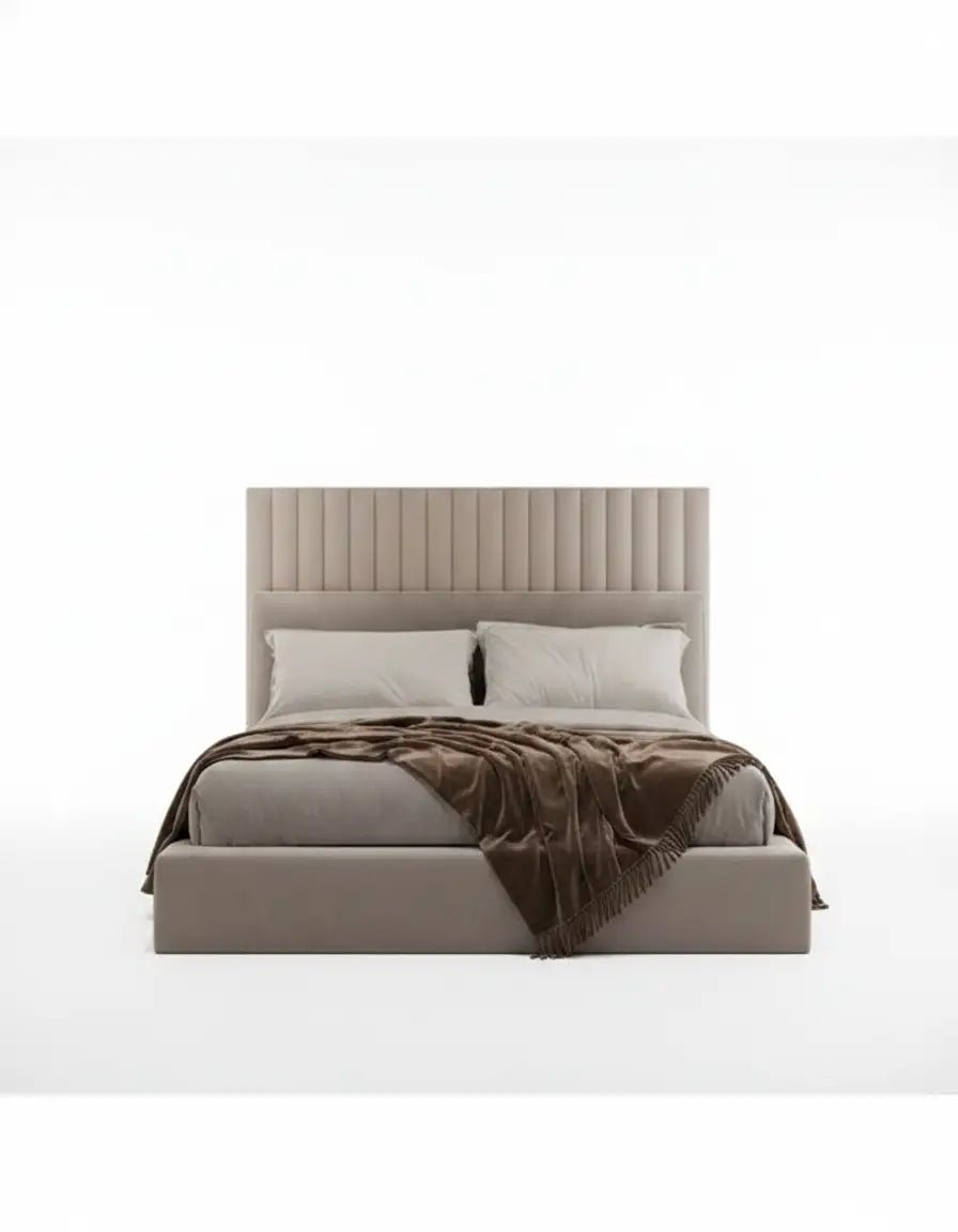 سرير سوبر كينج خشب زان احمر و قطيفة بيج كود bed5023 _