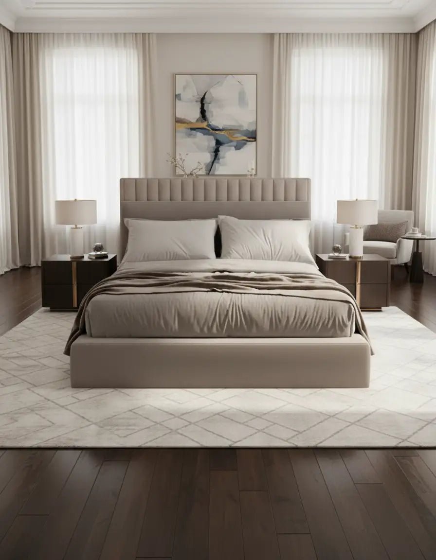 سرير سوبر كينج خشب زان احمر و قطيفة بيج كود bed5023 _