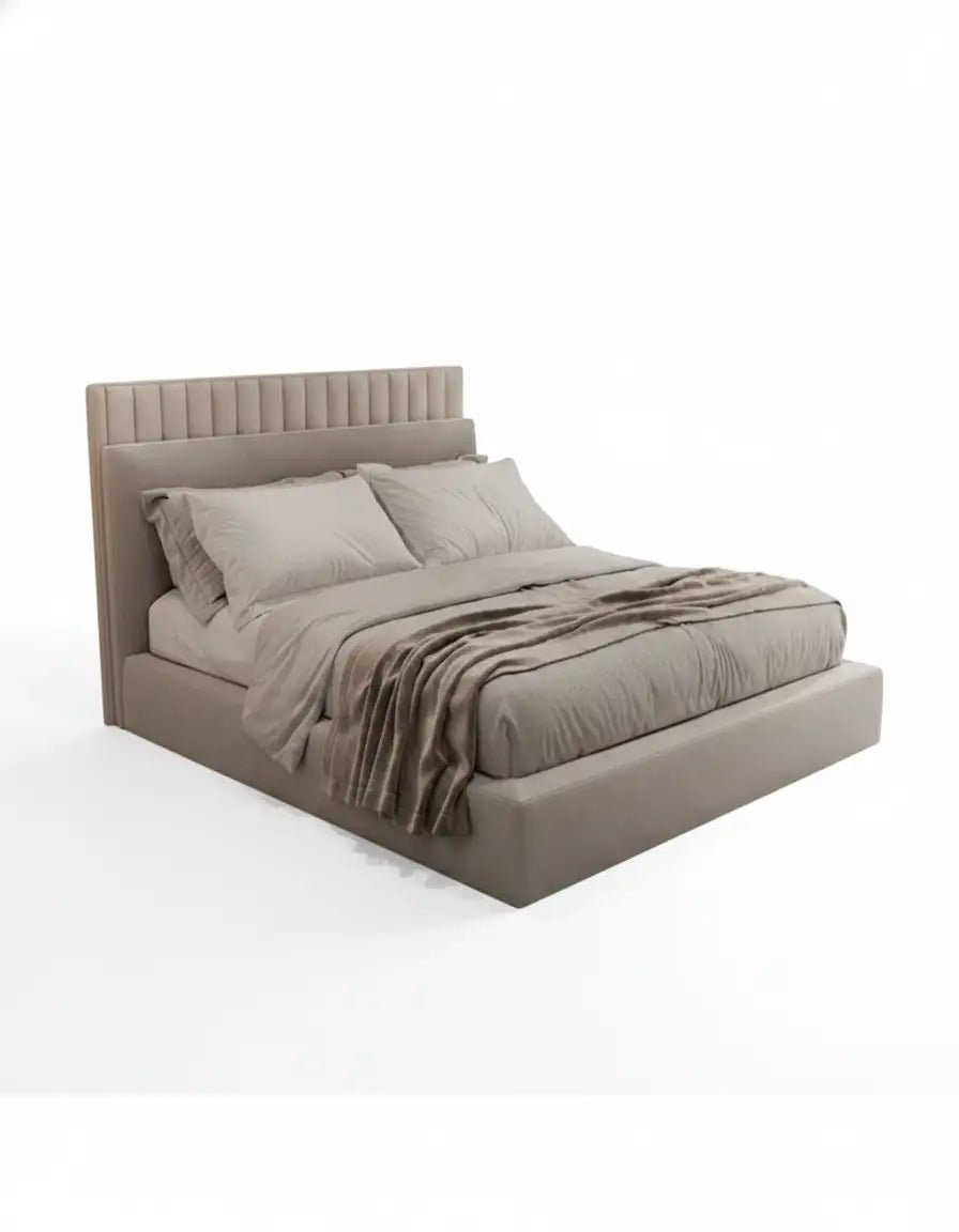 Super King bed, red oak wood and beige velvet, code bed5023 _