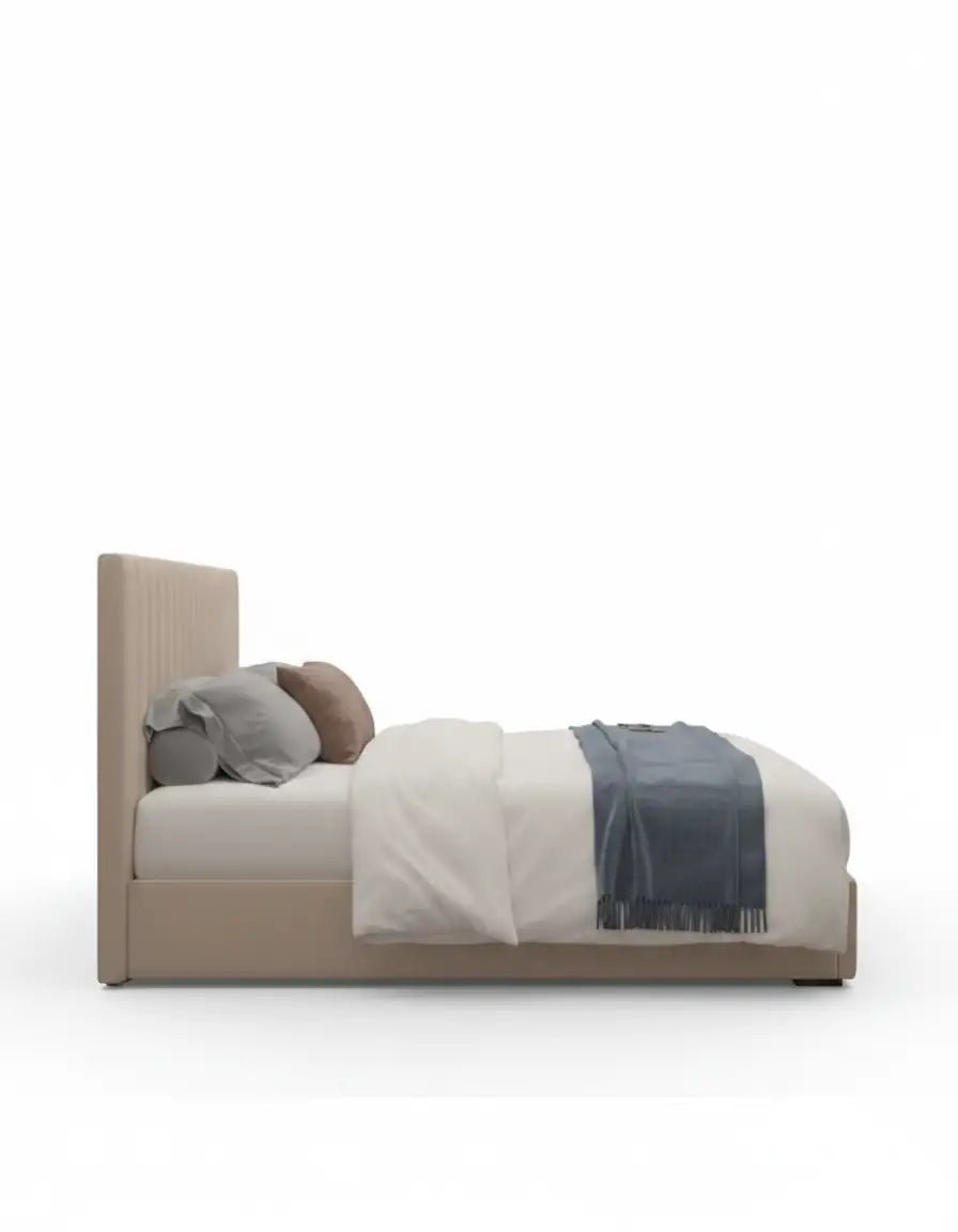 سرير سوبر كينج خشب زان احمر و قطيفة بيج كود bed5038 _