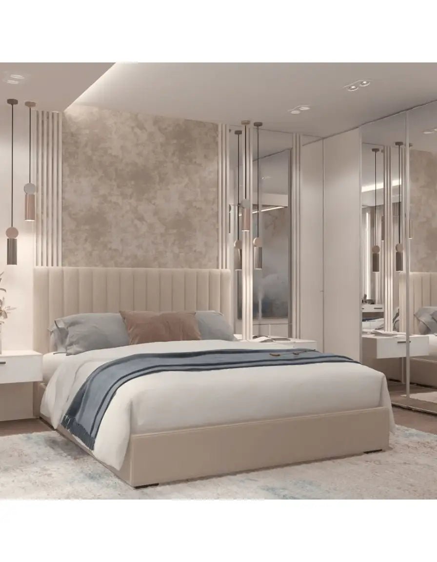 Super King Bed, red oak wood and beige upholstery, code bed5038 _
