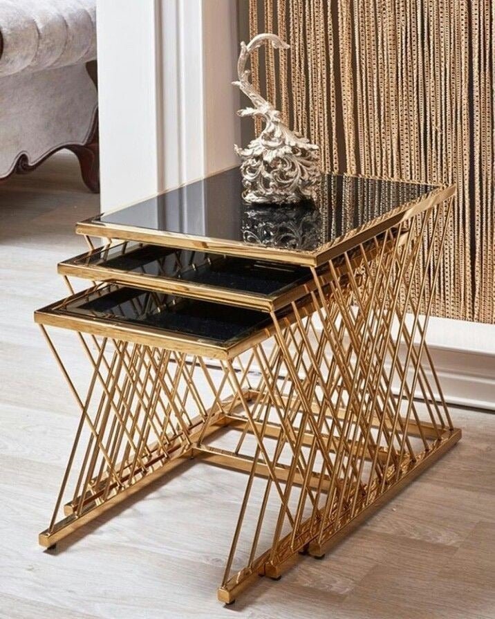3-piece stainless table set, black glass, code Stainlesstable6014 _
